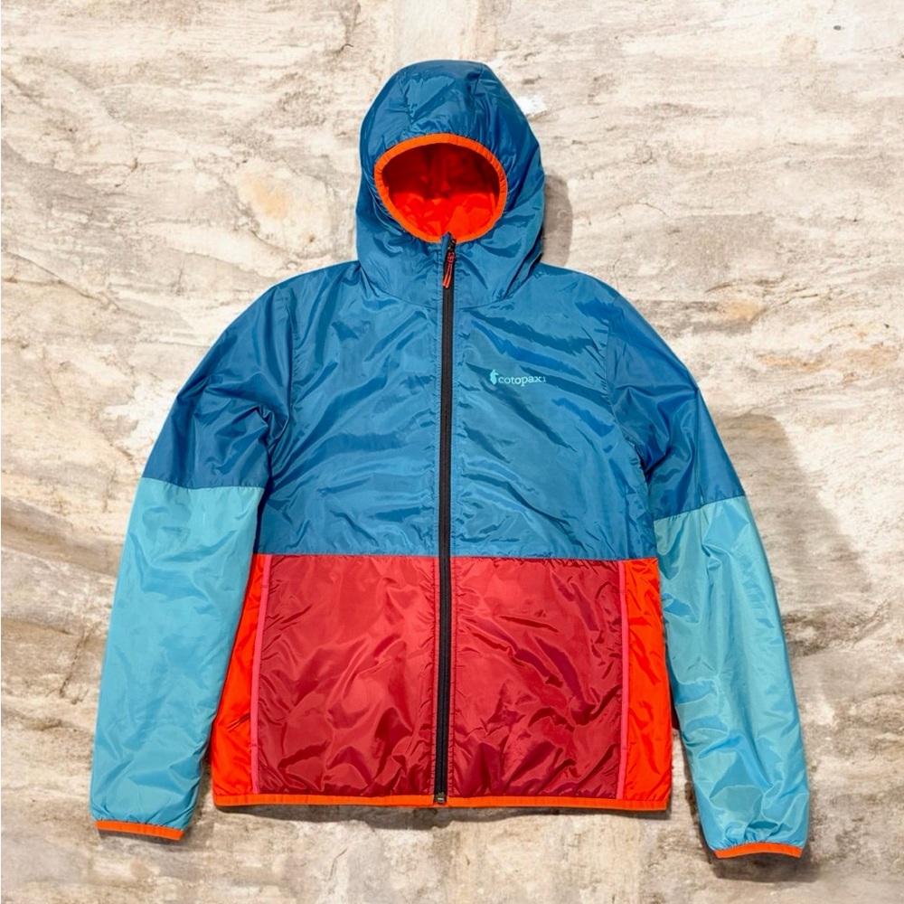 Cotopaxi Women's Blue Multi Colored Teca Calido Hooded reversible hiking Jacket